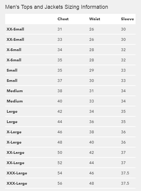 Patagonia Mens Top Size Chart